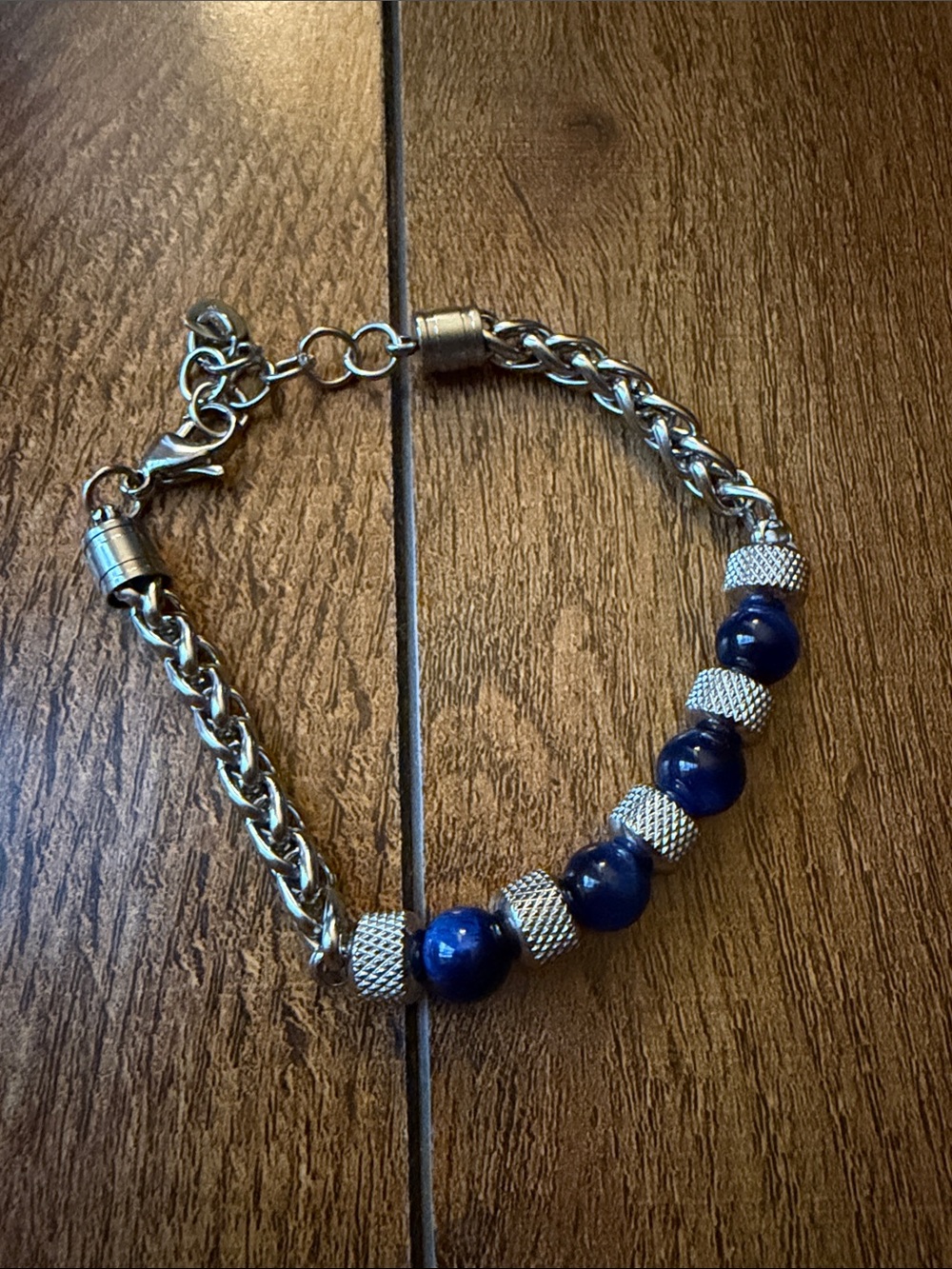 Silver Chain Bracelet with Blue Beads. Stainless Steel